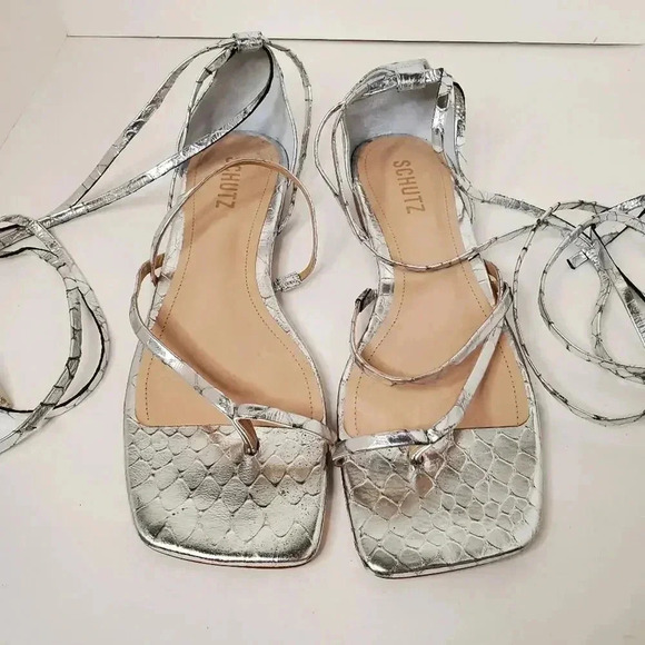 SCHUTZ Krist Flat Sandals in Croc-embossed Metallic Leather 10B - Picture 10 of 14